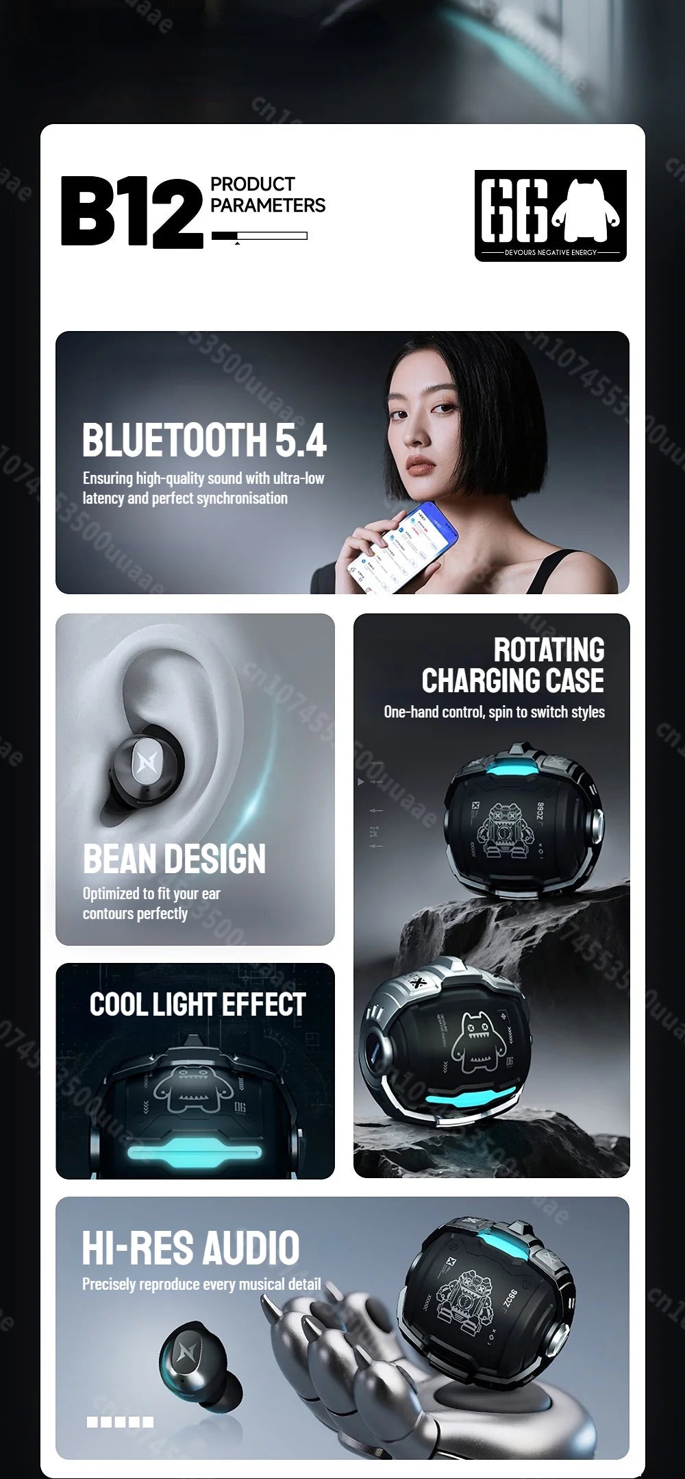TycoZev B12 Wireless Earbuds Invisible in-Ear Bluetooth 5.4 Earphones Rotating Flip-Top Design Bluetooth Sports Headphone